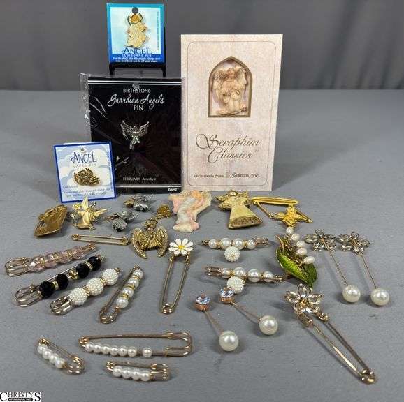 Brooch Pins / Stick Pins (many pearl looking) and 12 Angel Pins image