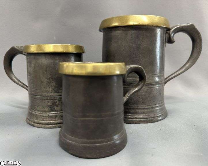 3 Brass Rimmed Graduated Tankards WR Loftus London Marked on Bottom, Largest is Quart image