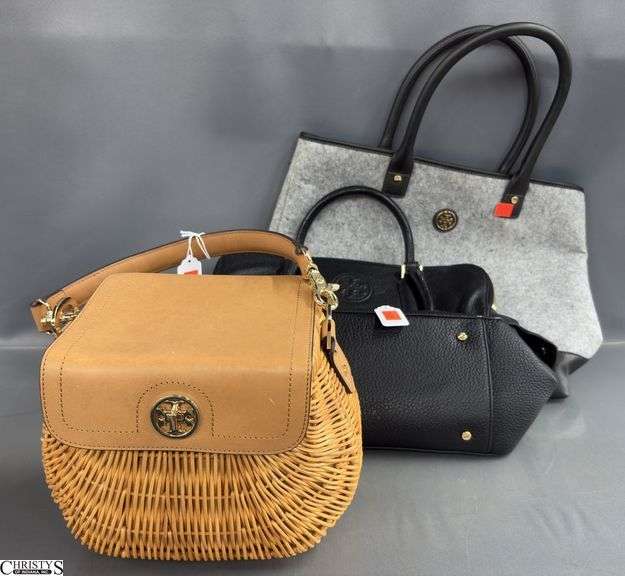 3 Tory Burch Ladies Handbags - Some wear - Wicker bag shows damage - 13" W of largest - These has not been authenticated image