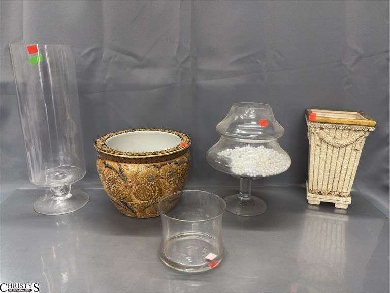 Glass Vases, Ceramic Fishbowl Planter and Vase - 17" of tallest, fishbowl planter has cracking image