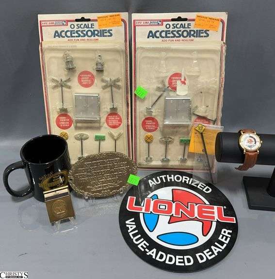 Lionel Wrist Watch, Brass Bathroom Train Plaque, Patch, Mug, Brass Kingans Match Holder, O Scale Layout Signage image