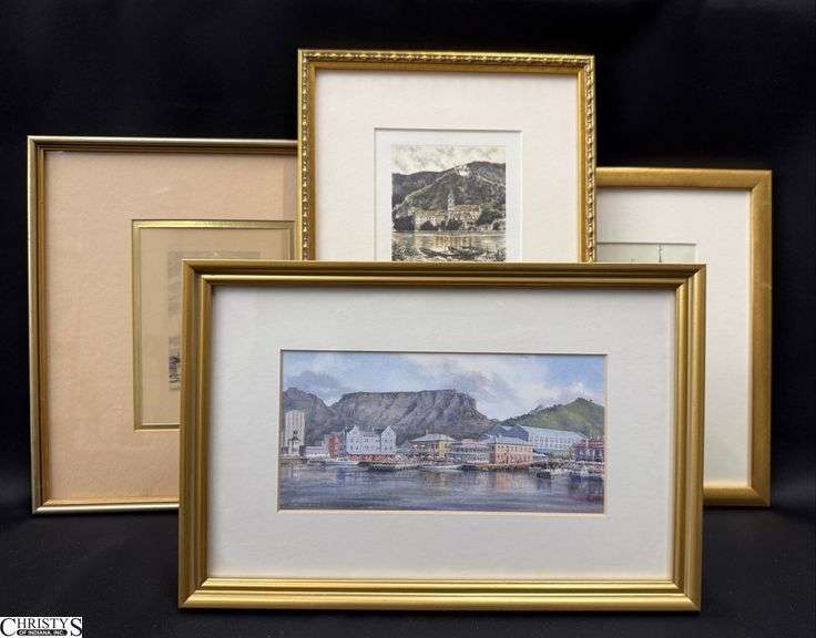 4pcs Framed Landscape and Building Prints, Big Ben, Harbor Scene, Some Signed, Largest 13"x9" image