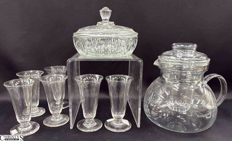 Glass Teapot, 6 Footed Jellies, Pressed Glass Lidded Bowl image