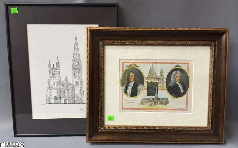2 Framed Prints, Commemorating St. Paul's Cathedral and Llandaf Cathedral. Largest 18x15" image