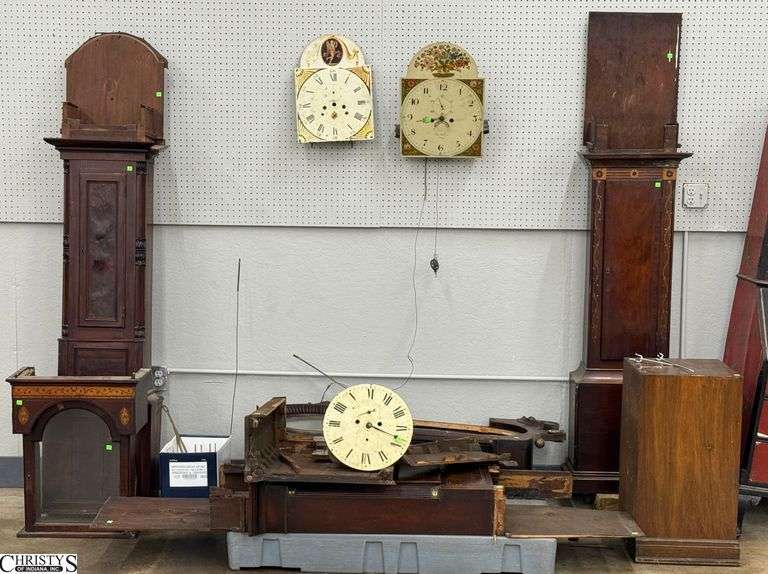 Large Group Antique Long Case Clock Parts, 18" x 9" x 80" of largest- Wear/damage/missing pieces throughout - SKIDS NOT INCLUDED - image