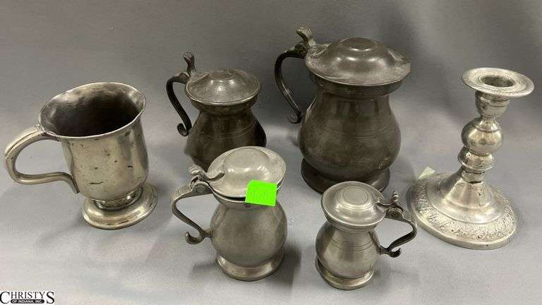 Pewter Lidded Measuring, Candle Stick and Cup Has Splits and Showing Wear image