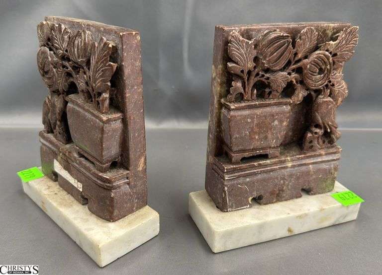 Pair Carved Chinese Soapstone Bookends - 5" x 6" of each image