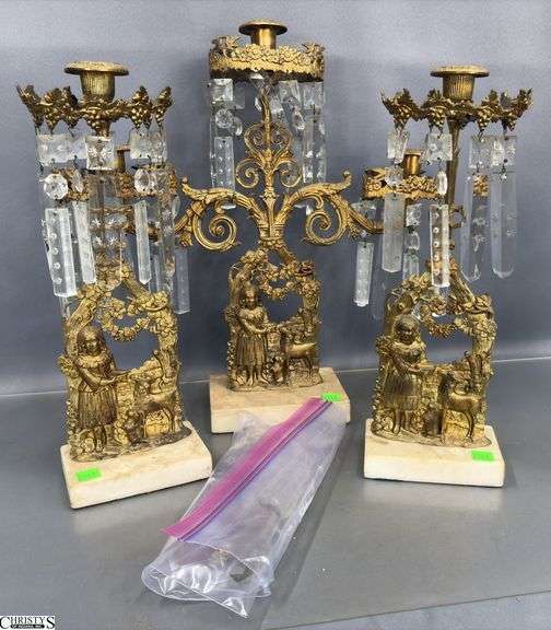 Trio Antique Gilt Brass Figural Motif Girandoles - 16" of tallest, missing some prisms image