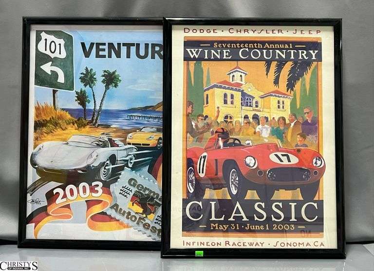 2 Framed Automobile Advertising Racing Posters, 2003 Wine Country Classic, and German Auto Fest 19x25" image