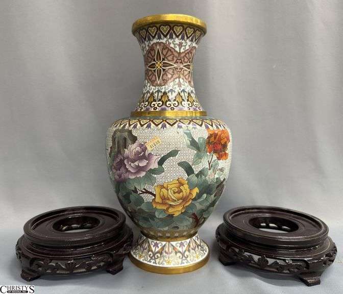 Cloisonne Style Vase, SOLD MATCH in SESSION 4, Has Dent and Two Stands image