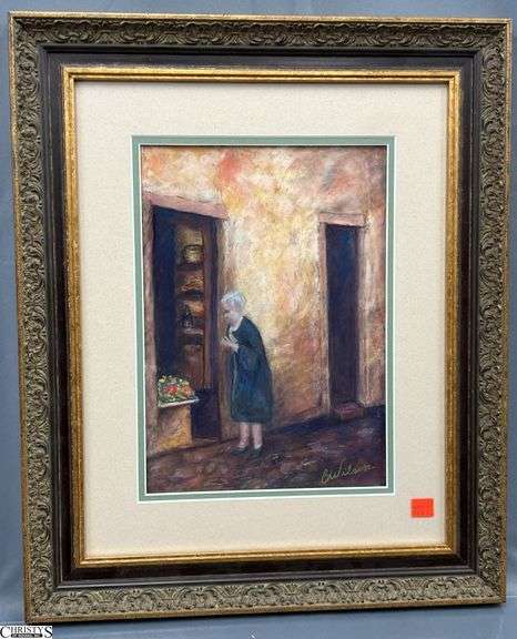 Signed B. Wilson Pastel Figural Street Scene - 16.5" x 19.5" of frame image