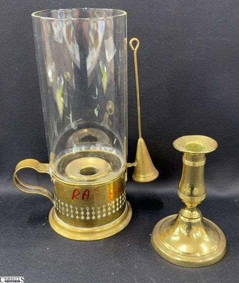 Brass Candle Holder With Shade and Snuffer - Needs Repaired, and Single Candlestick, Tallest 9" image