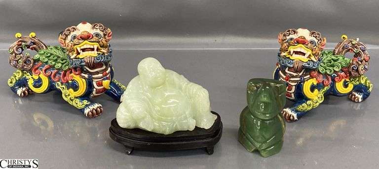 Jade Like Stone Buddha, Small Mineral Figure, Pair of Chinese Wucai Style Fu Dogs * Some Damage and Chips image