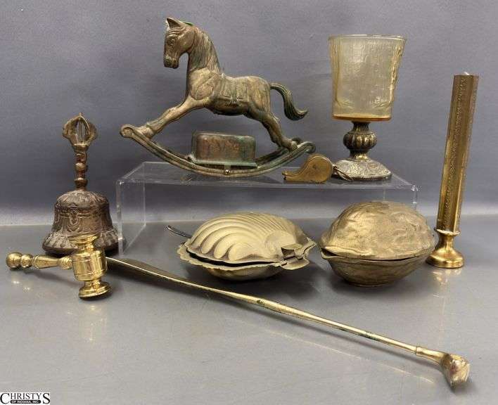 Vintage Brass Nursery Rhyme Rocking Horse, Walnut Cracker, Bell, Shoe Horn, Gavel, Whistle, Clam Shell Butter Dish image