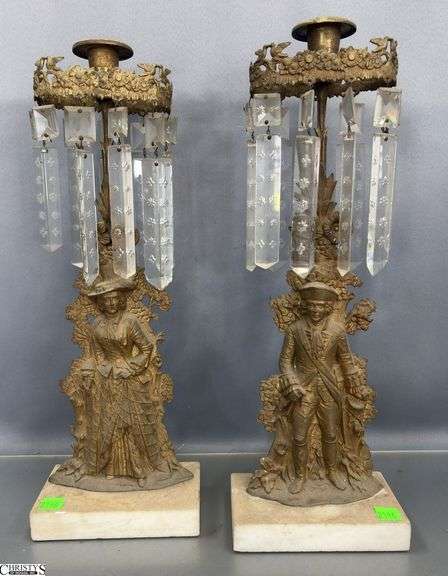 Pair Antique Gilt Brass Figural Motif Girandoles - 17" of each, missing some prisms image