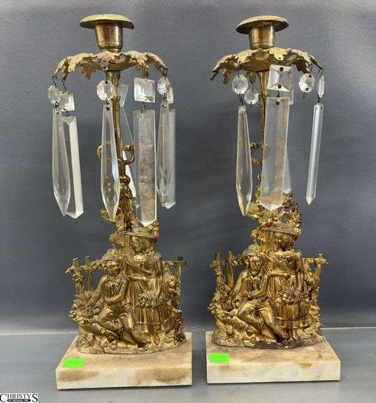 Pair Antique Gilt Brass Figural Motif Girandoles - 14" of each, missing some prisms image