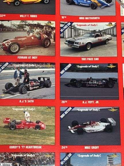 Racing Memorabilia.  Large Legends of Indy Poster, 2 Auto Racing Digest Nov. 1983 and July 1974, Two "First Annual Nascar 400 Indianapolis 1944" Plastic Commemorative Cups, 2 Goodyear Nascar Posters and a 2014 500 Festival Pin