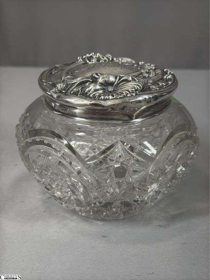 Early 1900's Cut Glass Dressing Table Jar with a Sterling Silver Lid image