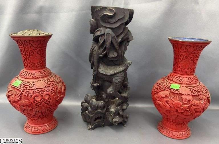 Pair Cinnabar Style Vases and Asian Influence Wood Carving Piece - 12" of carving image