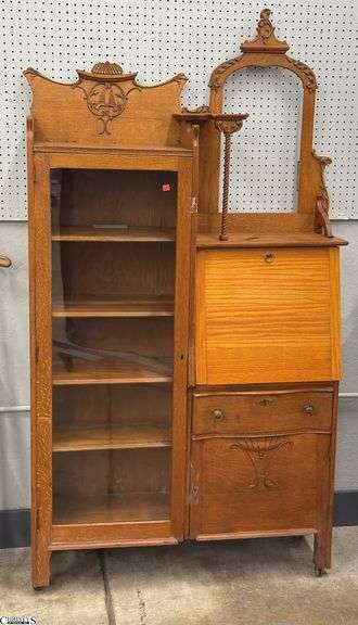 Oak Drop Front Secretary With Single Door Cabinet, Missing Mirror and Has Finish Wear 41x13x75" image