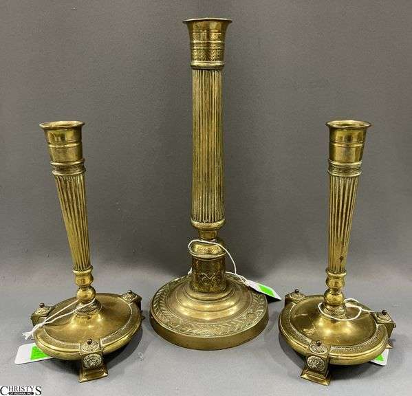 Pair of Brass Candle Sticks Louis XVI Style, Column Style 4" Wide 8.25" Tall image