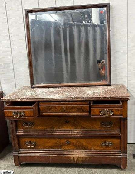 Antique Marble Top 5 Drawer Chest and Mirror - 50" x 22" x 32" of chest - 38.5" x 36.5" of mirror - some finish wear/scuffing image