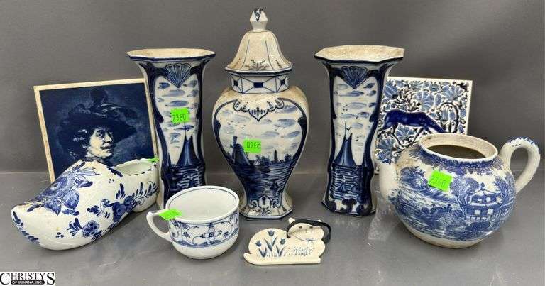 Blue and White Vases, Teapot, Dutch Shoe, Lidded Vase - Delft, German, and Others - 8" of tallest image