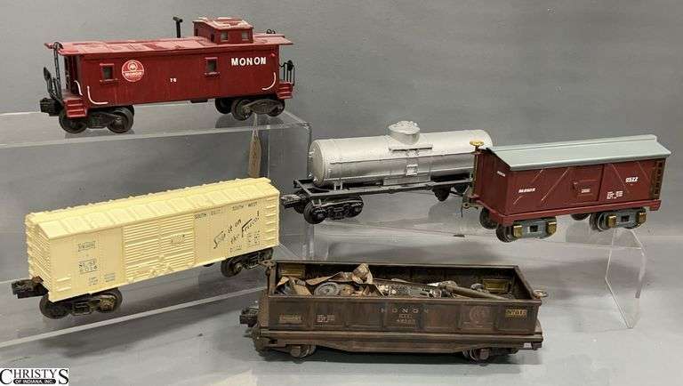 5 Train Cars, Ship It On The Frisco 6014, Monon 0522, Monon Oil Gondola With Scrap Load, Monon Caboose, Tanker image