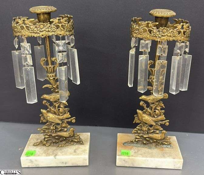 Pair Antique Gilt Brass Bird Motif Girandoles - 13" of each, missing some prisms image