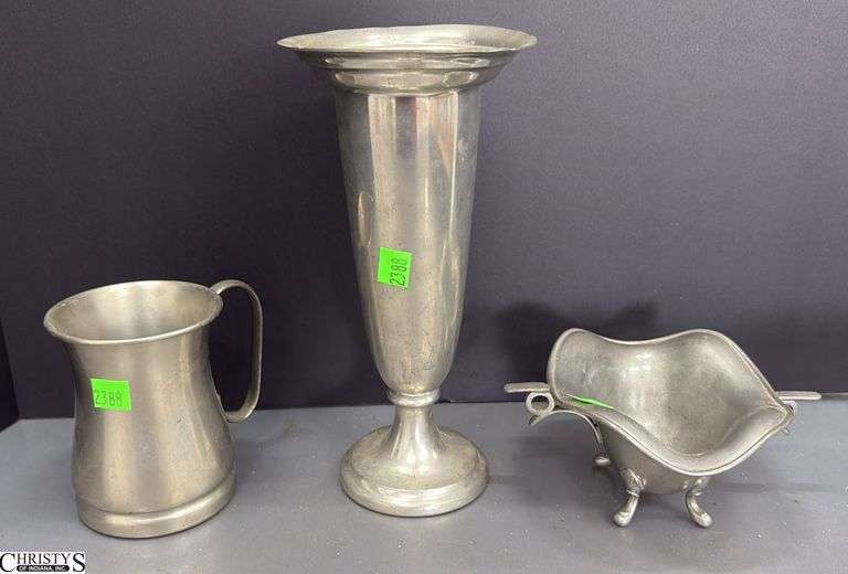 Pewter Vase, Tankard, Footed Bowl - 10" of vase image