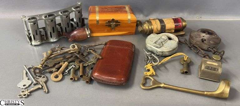 Padlocks, Small Fire Extinguisher, Cigar Case, Brass Golf Club Bottle Opener, Vintage Keys, Counter, Coin Changer image