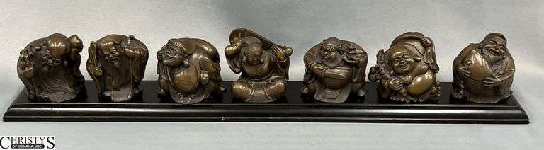Happy Buddha Figures On Wood Base Stand 26", Figures 3" image
