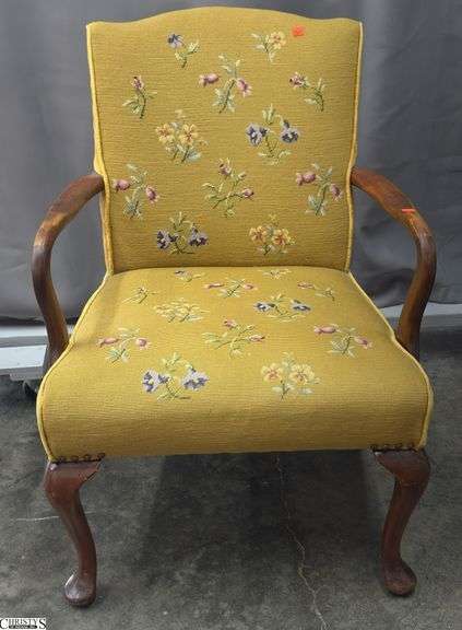 Queen Anne Style Needlepoint Upholstered Arm Chair - 24" x 34" - 16" seat - one arm is loose image