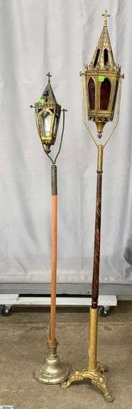2 Brass Accent Religious Processional Lanterns - 63" of tallest image