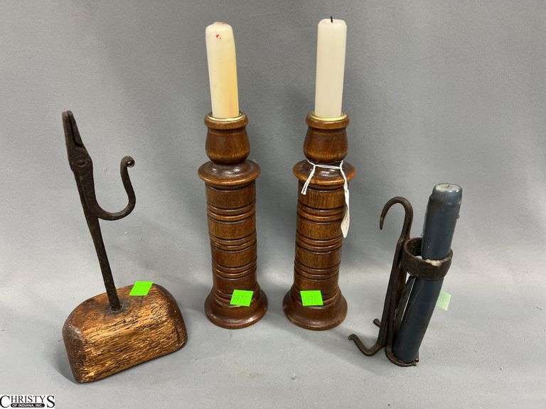 Pair of Turned Wood Candle Sticks, and Primitive Wrought Iron Candle Holder image