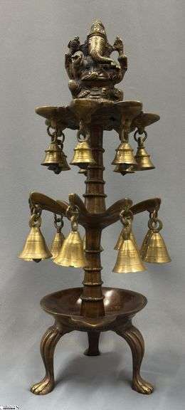 Lord Ganesha Brass Sitting Oil Lamp With Bells 17" image