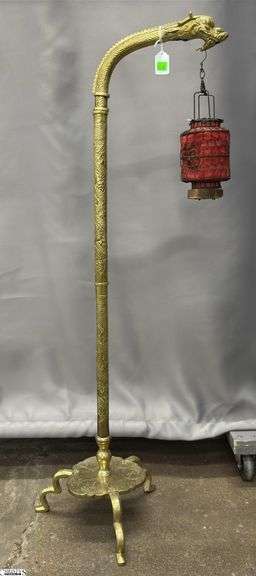 Chinese Lantern Stand Brass Dragon Head Motif Holding Hanging Red Lantern 44" image