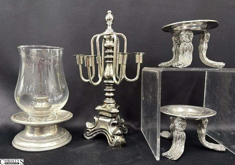 4pcs Pewter Candle Holders, One With Glass Shade, Tallest Holds 6 Thin Tapers 10.5" image