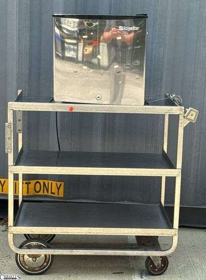 Stainless Cart with Untested Mini Fridge, Cart 39x23x38" Tall image