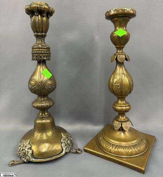 2 Brass, Warszawa Marked 7 Candle Holders, Tallest 13" image