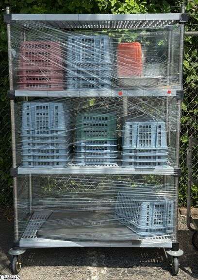 Rolling Rack With Plastic Shelfs, Contents Plastic Bins, Insert Pans 48x23x74" image