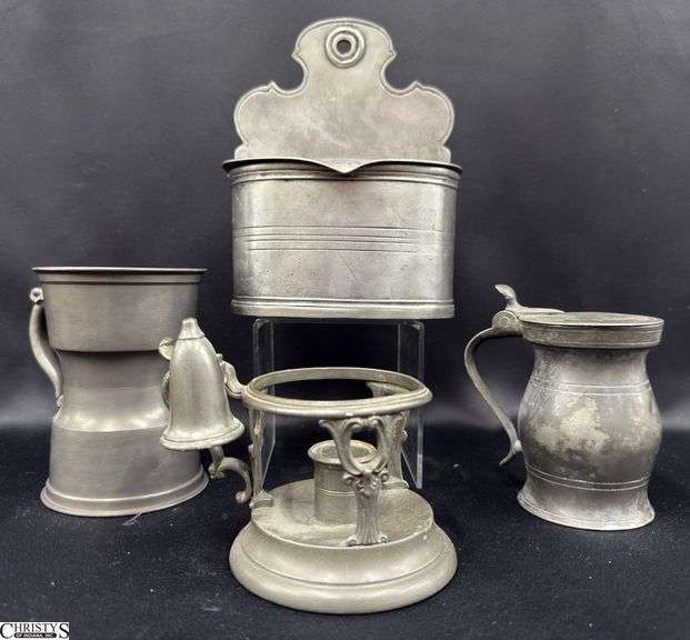 4pcs Pewter Wall Hanging Storage Container 5.75"x7.5" Tall, James Dixon & Sons Candle Holder with Snuffer, Tankards image