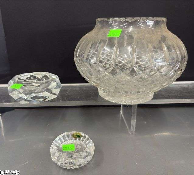 Waterford Crystal Bowl and Paperweight, Baccarat Crystal Ashtray - 9" x 6" - Bowl is unmarked, appears to be Lismore image