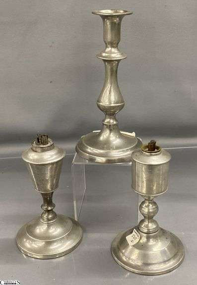 3pcs Pewter Oil Lamps and Candle Stick 8" image
