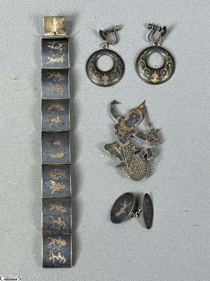 Sterling Siam Pin, Earrings, Cuff Link and Bracelet image