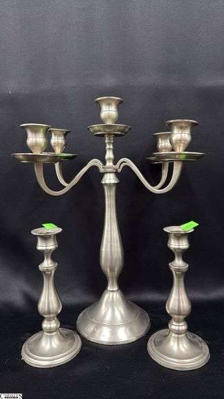 3pcs Pewter Candelabra and Pair of Candle Sticks, Tallest 14.5" image