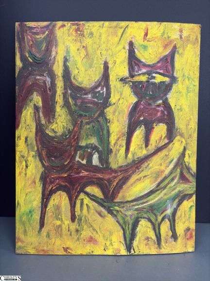 Mid Century Cat Oil on Board Painting - 20" x 16" image