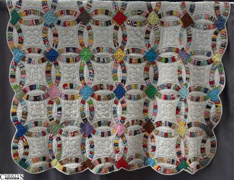 Wedding Ring Handmade Quilt - 68" x 68" approx - some light staining image