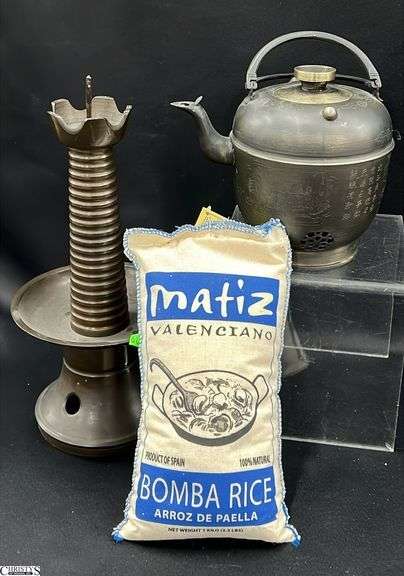 Candle Holder, Tea Pot, and Bag of Bomba Rice, Tallest 11" image