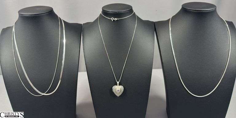4 Sterling Chains Marked 925 and 1 Sterling Heart Shaped Locket image